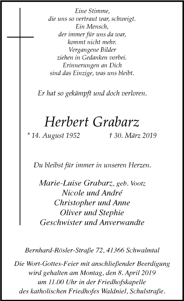  Traueranzeige für Herbert Grabarz vom 04.04.2019 aus Rheinische Post