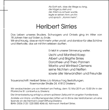 Traueranzeige von Heribert Sirries von Rheinische Post