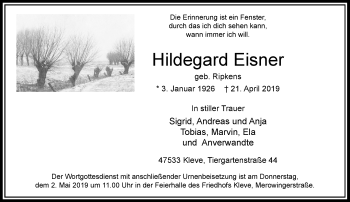 Traueranzeige von Hildegard Eisner von Rheinische Post