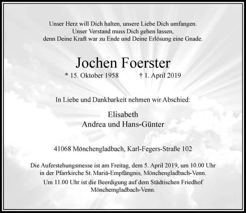  Traueranzeige für Jochen Foerster vom 04.04.2019 aus Rheinische Post