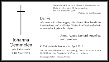 Traueranzeige von Johanna Oemmelen von Rheinische Post
