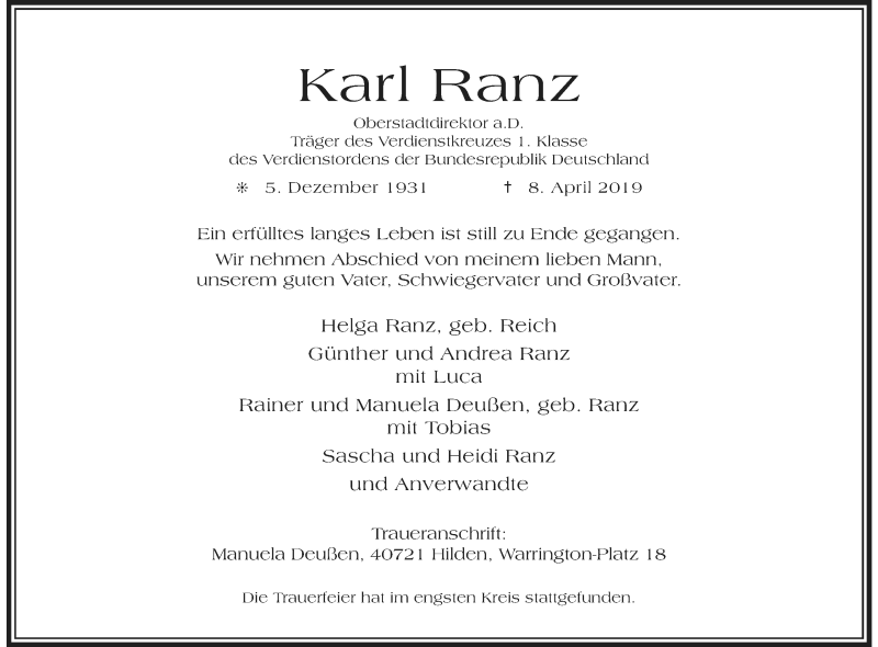  Traueranzeige für Karl Ranz vom 27.04.2019 aus Rheinische Post