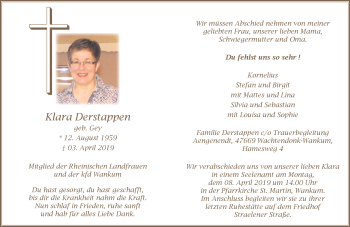 Traueranzeige von Klara Derstappen von Rheinische Post
