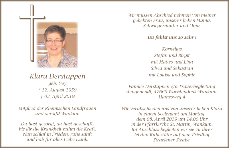 Traueranzeige für Klara Derstappen vom 06.04.2019 aus Rheinische Post