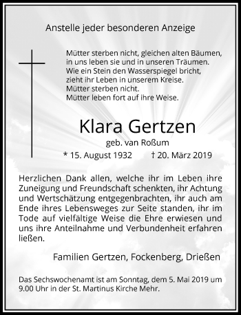 Traueranzeige von Klara Gertzen von Rheinische Post