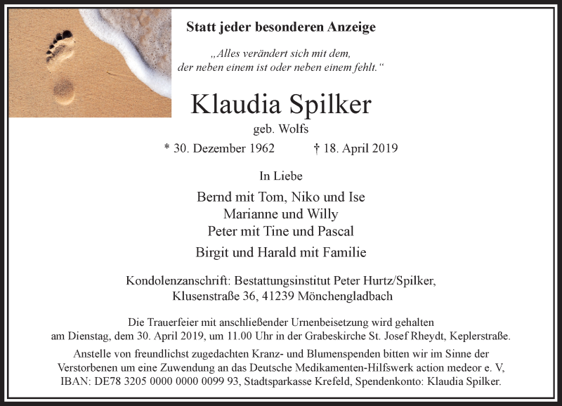  Traueranzeige für Klaudia Spilker vom 27.04.2019 aus Rheinische Post