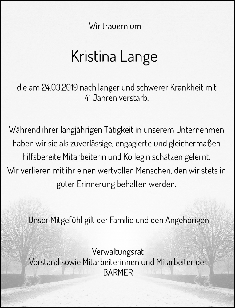  Traueranzeige für Kristina Lange vom 12.04.2019 aus Rheinische Post