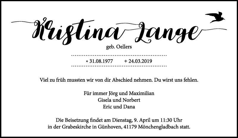  Traueranzeige für Kristina Lange vom 06.04.2019 aus Rheinische Post