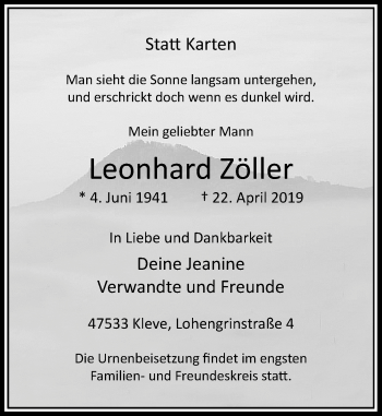 Traueranzeige von Leonhard Zöller von Rheinische Post