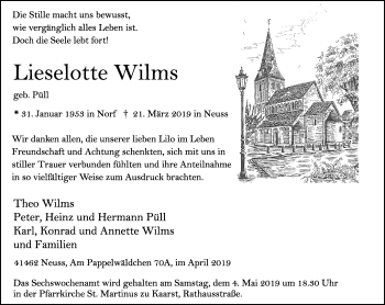 Traueranzeige von Lieselotte Wilms von Rheinische Post