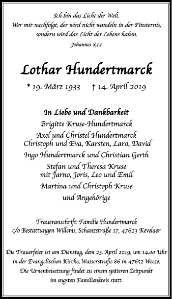 Traueranzeige von Lothar Hundertmarck von Rheinische Post