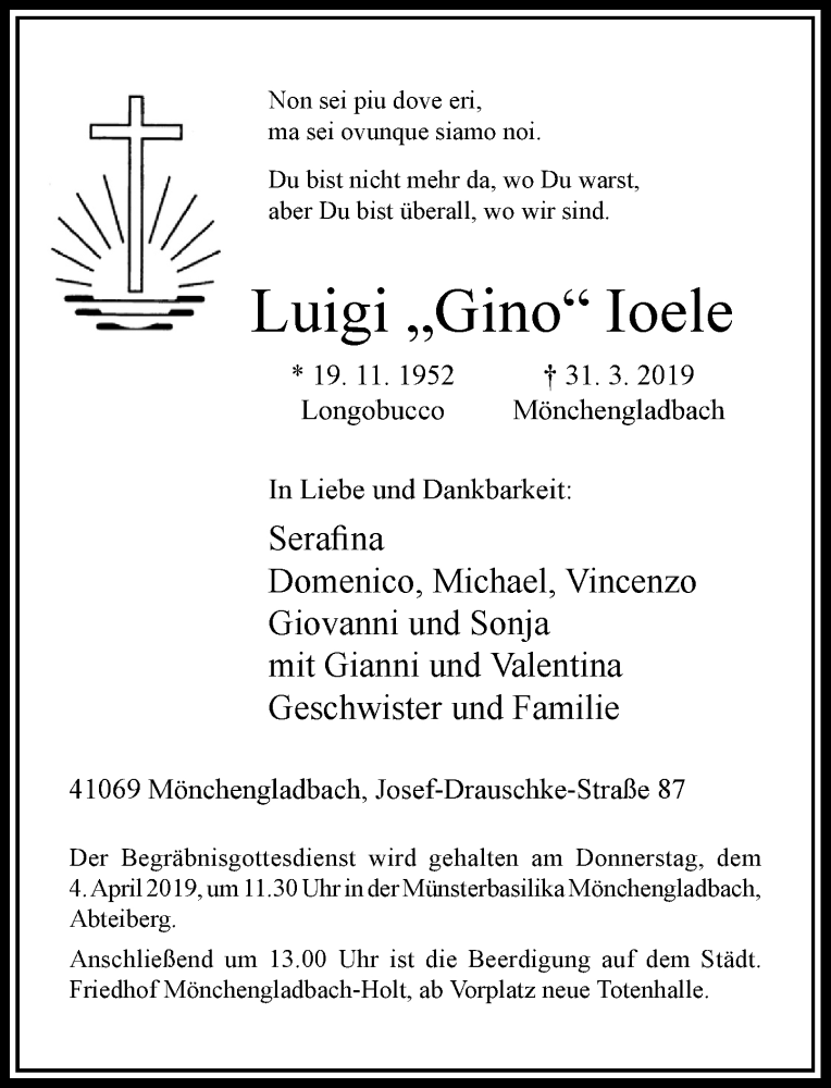  Traueranzeige für Luigi Ioele vom 03.04.2019 aus Rheinische Post