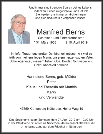 Traueranzeige von Manfred Berns von Rheinische Post