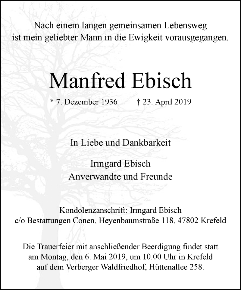  Traueranzeige für Manfred Ebisch vom 27.04.2019 aus Rheinische Post