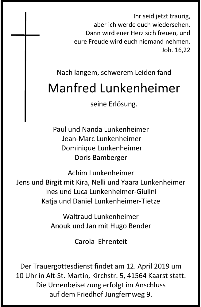  Traueranzeige für Manfred Lunkenheimer vom 06.04.2019 aus Rheinische Post