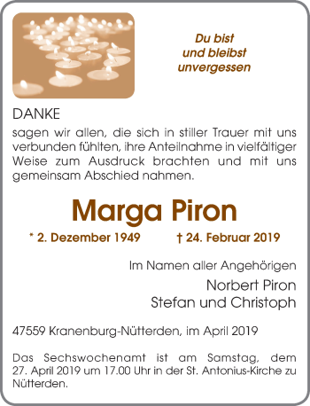 Traueranzeige von Marga Piron von Rheinische Post