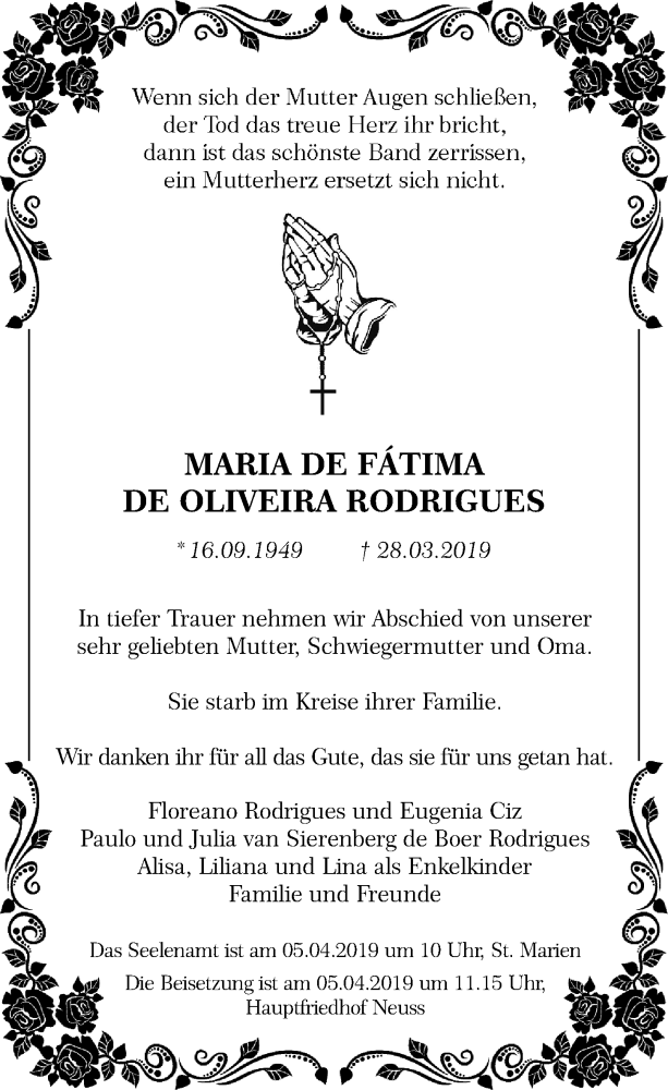  Traueranzeige für Maria De Fatima de Oliveira Rodrigues vom 02.04.2019 aus Rheinische Post