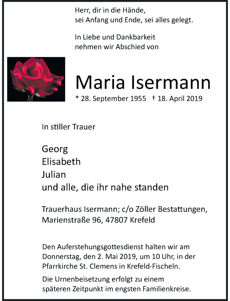  Traueranzeige für Maria Isermann vom 27.04.2019 aus Rheinische Post
