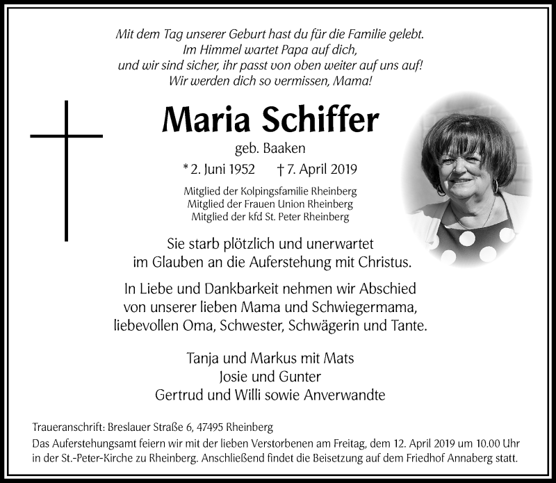  Traueranzeige für Maria Schiffer vom 10.04.2019 aus Rheinische Post