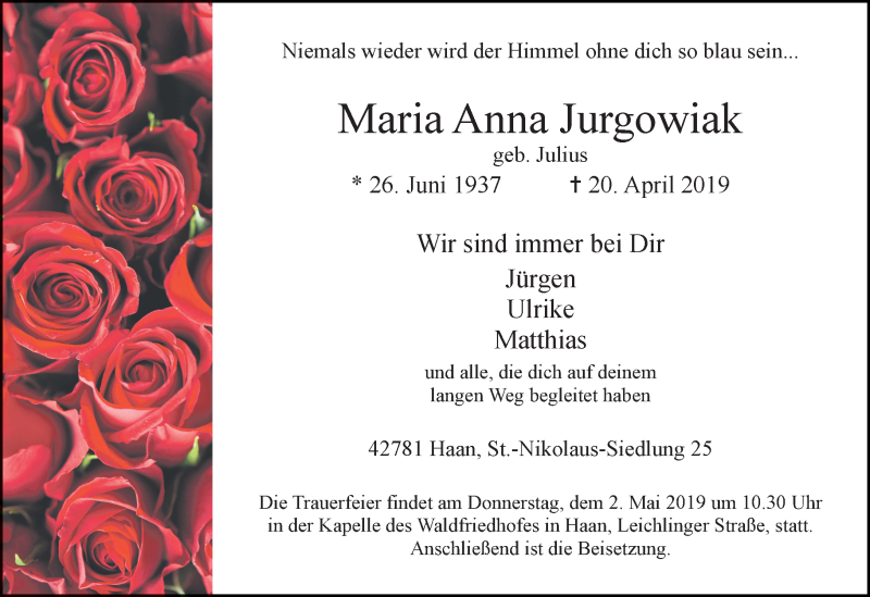  Traueranzeige für Maria Anna Jurgowiak vom 27.04.2019 aus Rheinische Post