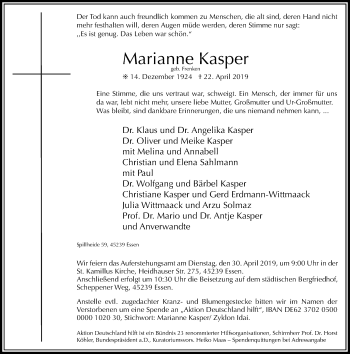 Traueranzeige von Marianne Kasper von Rheinische Post