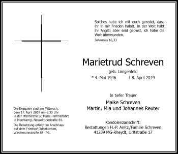 Traueranzeige von Marietrud Schreven von Rheinische Post