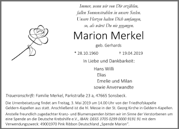 Traueranzeige von Marion Merkel von Rheinische Post
