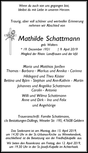 Traueranzeige von Mathilde Schattmann von Rheinische Post