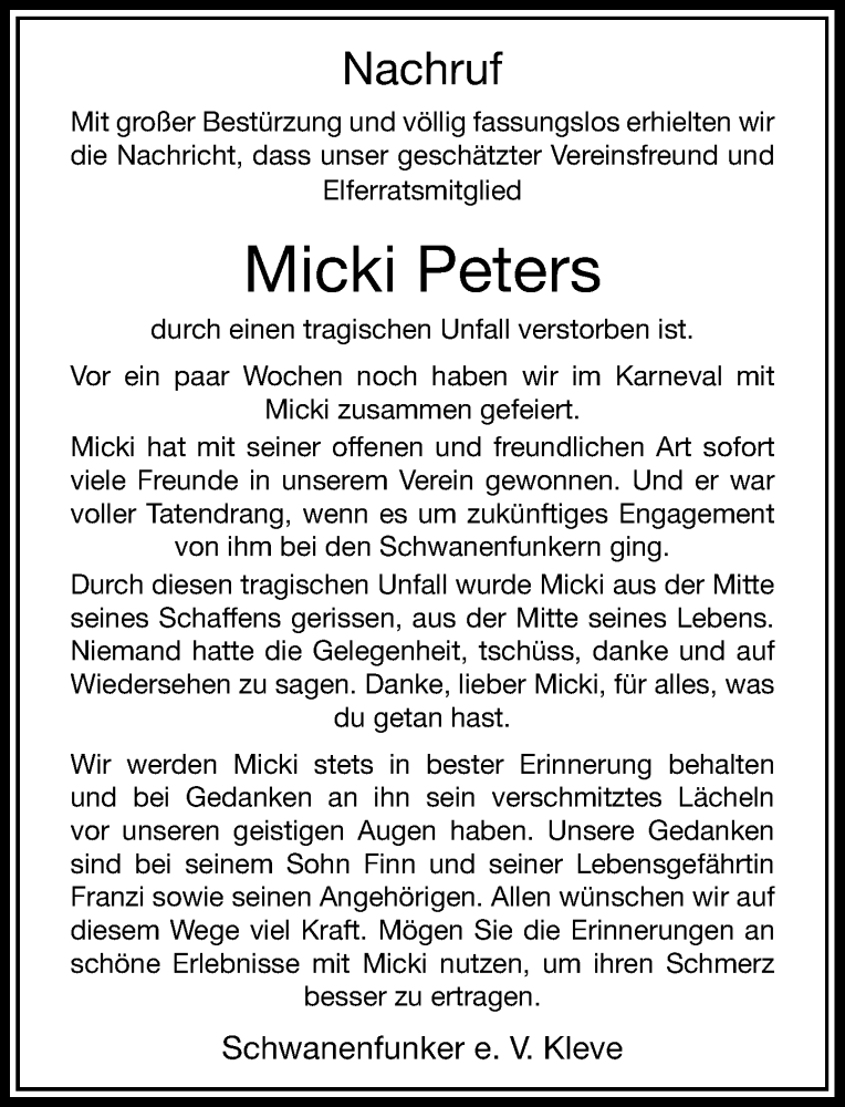  Traueranzeige für Micki Peters vom 30.04.2019 aus Rheinische Post