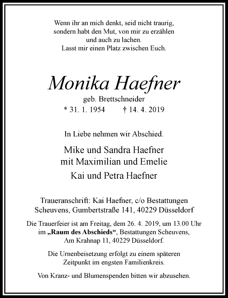  Traueranzeige für Monika Haefner vom 20.04.2019 aus Rheinische Post