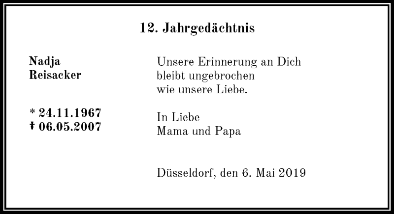  Traueranzeige für Nadja Reisacker vom 06.05.2019 aus Rheinische Post