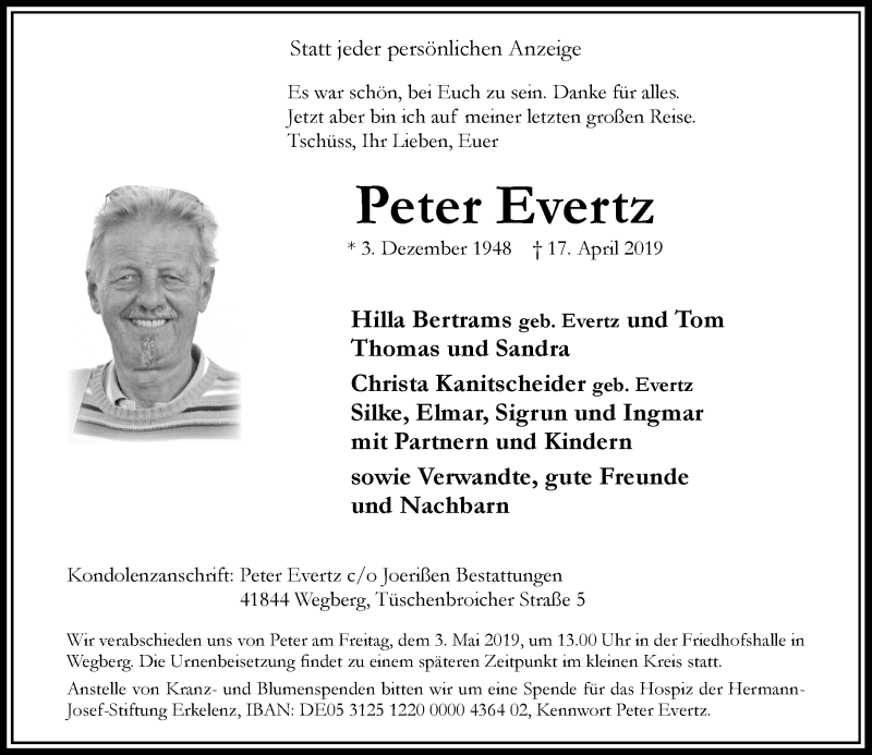  Traueranzeige für Peter Evertz vom 27.04.2019 aus Rheinische Post