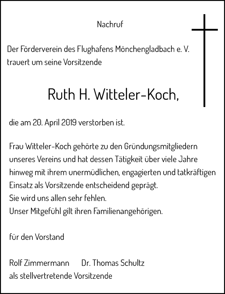  Traueranzeige für Ruth H. Witteler-Koch vom 27.04.2019 aus Rheinische Post