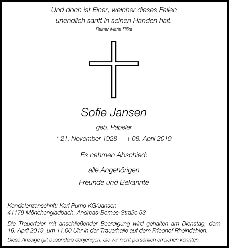 Traueranzeige für Sofie Jansen vom 13.04.2019 aus Rheinische Post