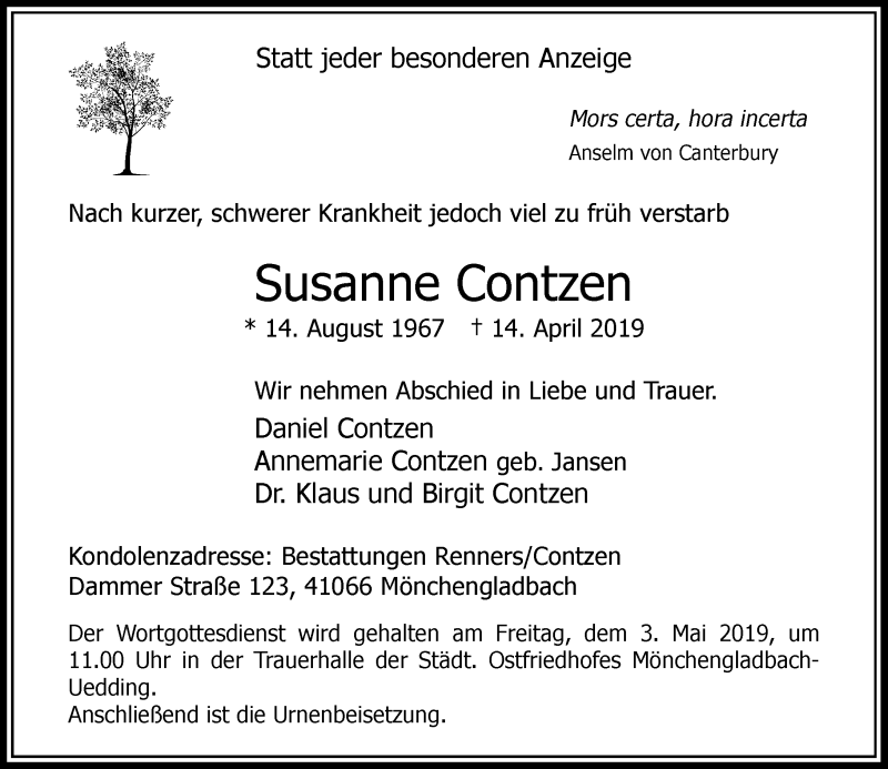  Traueranzeige für Susanne Contzen vom 27.04.2019 aus Rheinische Post
