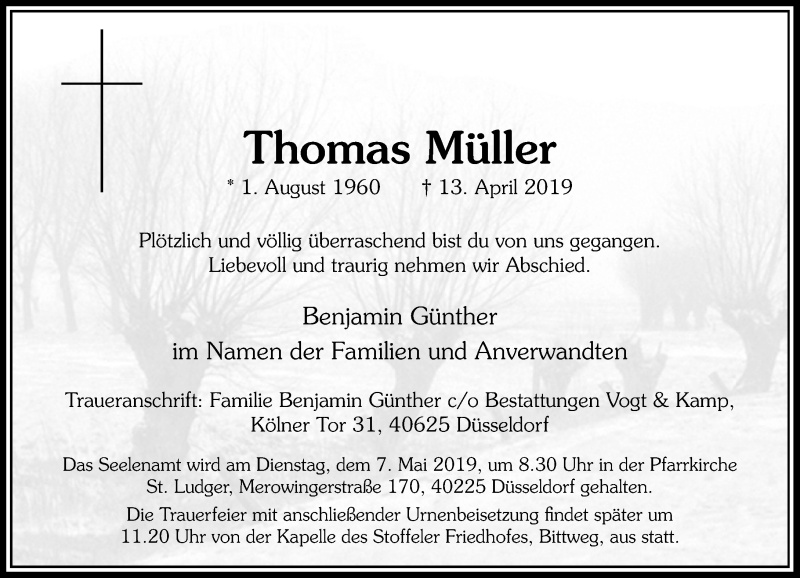  Traueranzeige für Thomas Müller vom 20.04.2019 aus Rheinische Post