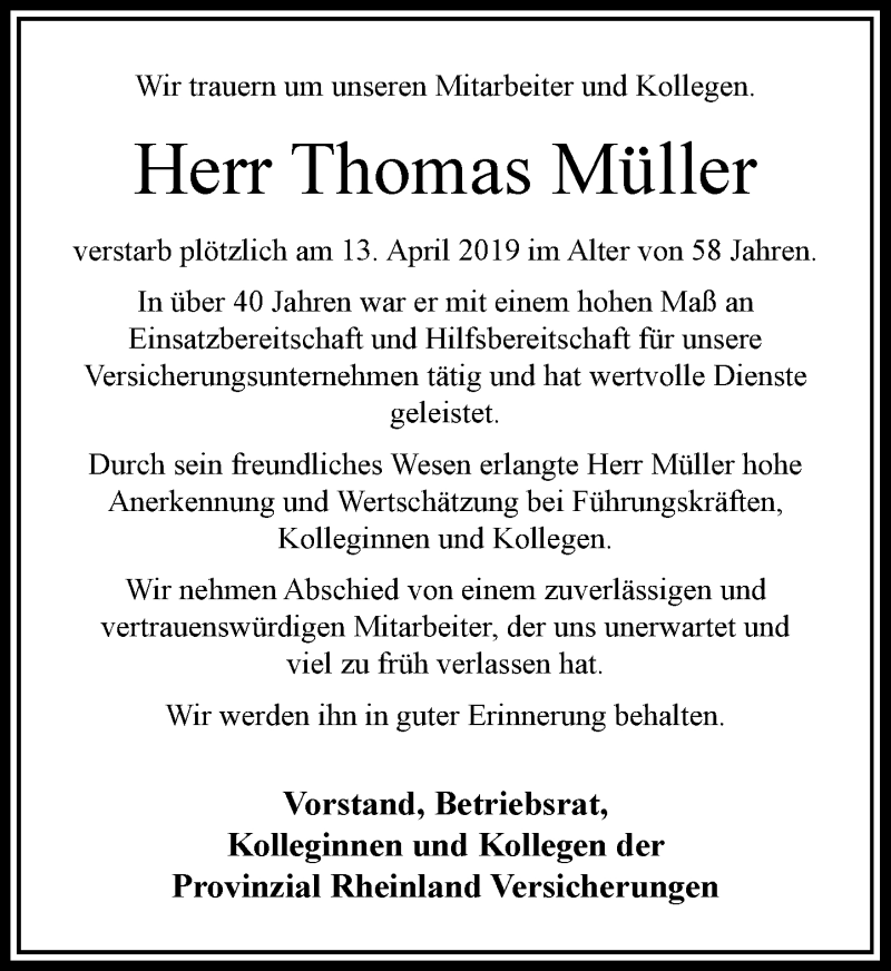  Traueranzeige für Thomas Müller vom 24.04.2019 aus Rheinische Post