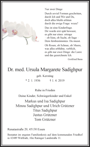 Traueranzeige von Ursula Margarete Sadighpur von Rheinische Post