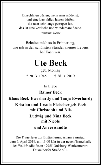 Traueranzeige von Ute Beck von Rheinische Post