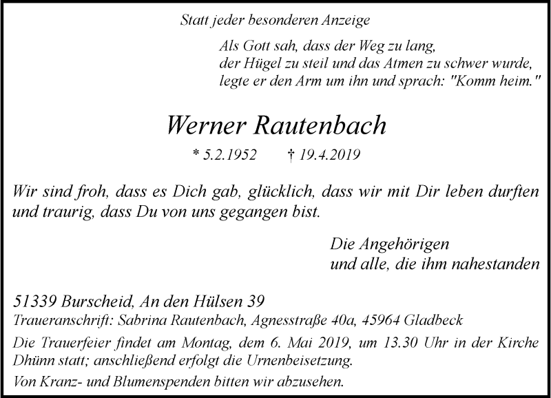  Traueranzeige für Werner Rautenbach vom 30.04.2019 aus Rheinische Post