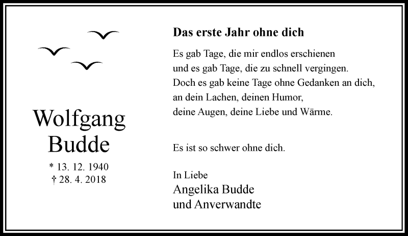 Traueranzeige für Wolfgang Budde vom 27.04.2019 aus Rheinische Post