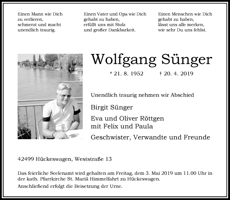  Traueranzeige für Wolfgang Sünger vom 27.04.2019 aus Rheinische Post