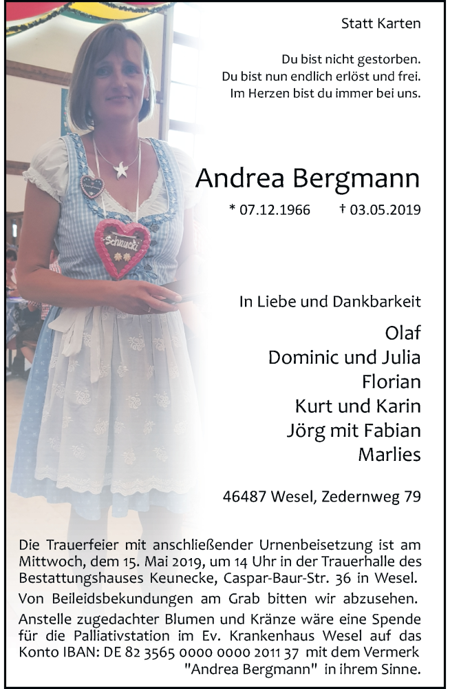  Traueranzeige für Andrea Bergmann vom 11.05.2019 aus Rheinische Post