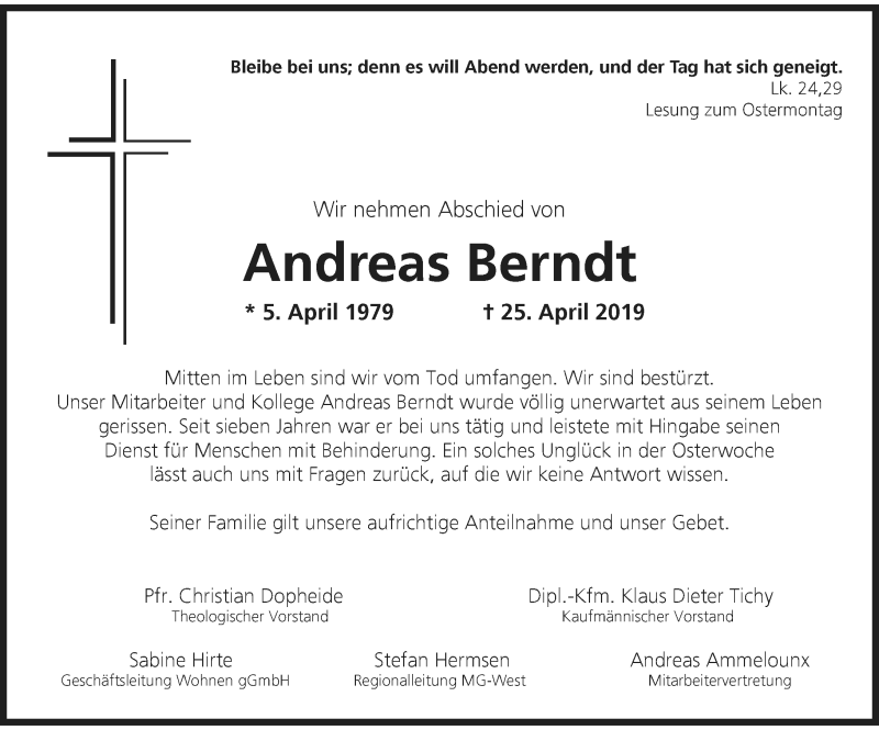  Traueranzeige für Andreas Berndt vom 17.05.2019 aus Rheinische Post