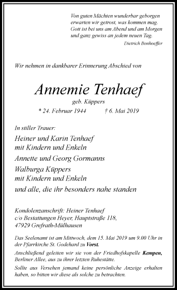 Traueranzeige von Annemie Tenhaef von Rheinische Post
