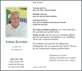 Traueranzeige von Anton Korsten von Rheinische Post
