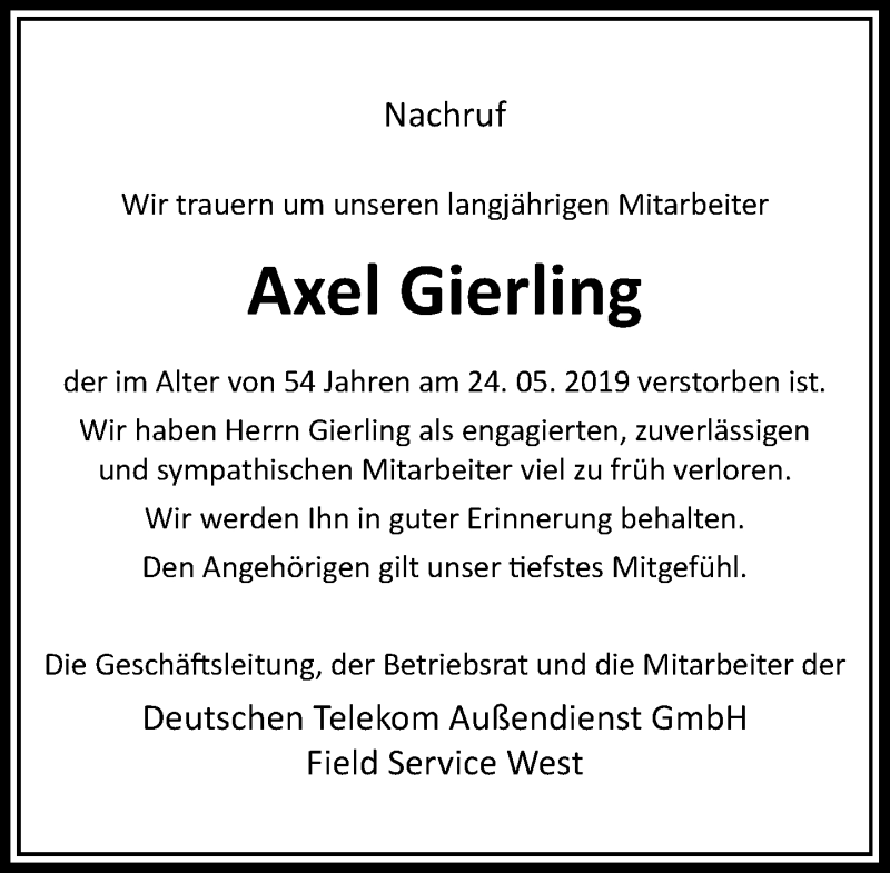  Traueranzeige für Axel Gierling vom 01.06.2019 aus Rheinische Post