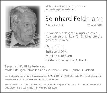 Traueranzeige von Bernhard Feldmann von Rheinische Post
