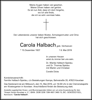 Traueranzeige von Carola Halbach von Rheinische Post