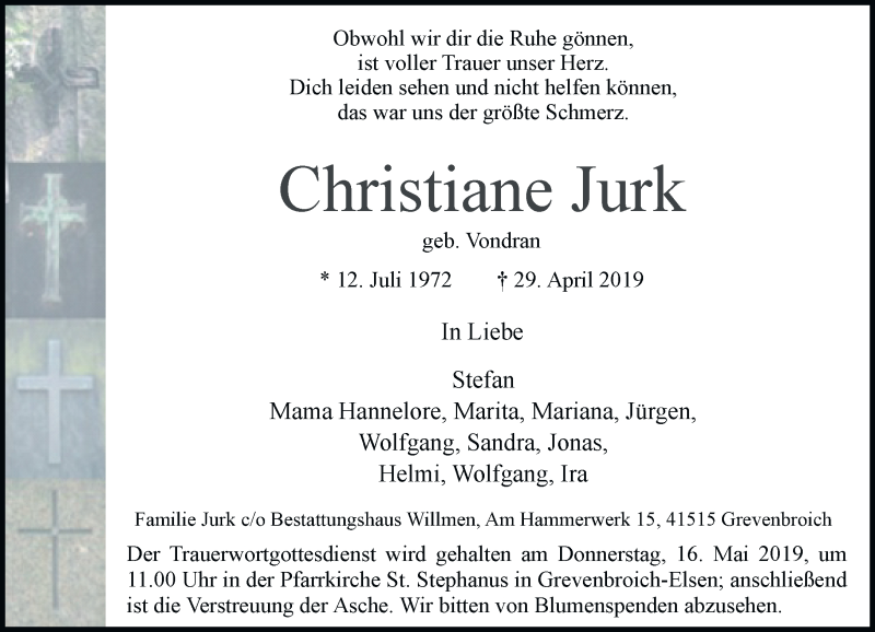  Traueranzeige für Christiane Jurk vom 04.05.2019 aus Rheinische Post